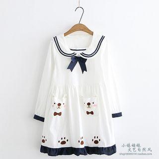 Long-sleeve Sailor Collar Mini Dress White - One Size