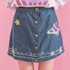 Star Embroidered Mini Denim Skirt