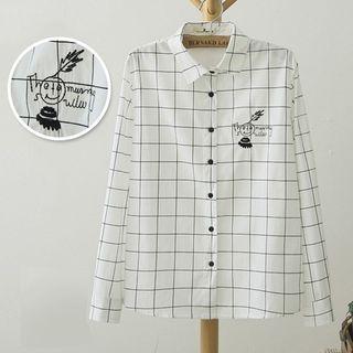 Long-sleeve Plaid Embroidered Shirt White - One Size