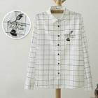 Long-sleeve Plaid Embroidered Shirt White - One Size