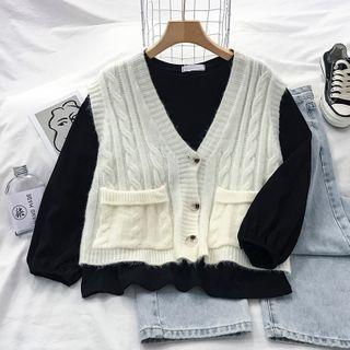 Long-sleeve T-shirt / Button Knit Vest