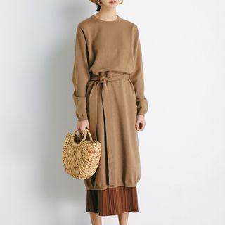 Round-neck Tie-waist Plain Knit Dress