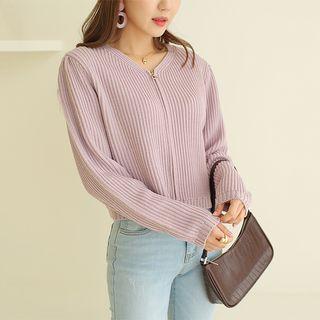 V-neck Zip-up Rib-knit Cardigan