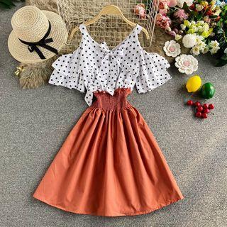 Cold-shoulder Dotted Chiffon Panel Dress