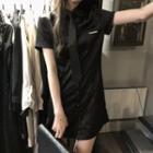 Short-sleeve Plain Mini Dress + Tie Black + Tie - One Size