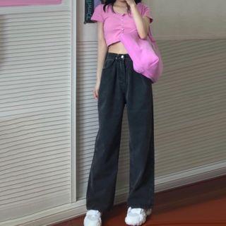 Buttoned Short-sleeve T-shirt / Wide-leg Jeans