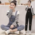 Gingham-sleeve Lettering T-shirt / Embroidered Dungaree / Set