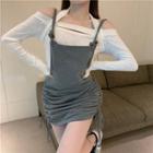 Cold-shoulder Cutout Ribbed Top / Drawstring Overall Dress