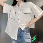Short-sleeve Contrast Trim Asymmetrical Shirt