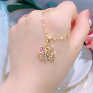 Clover Faux Crystal Pendant Stainless Steel Necklace Gold - One Size