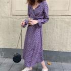 Floral Print Long-sleeve Midi A-line Dress Purple - One Size