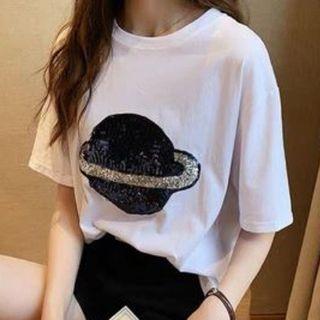 Planet Sequined Elbow-sleeve T-shirt