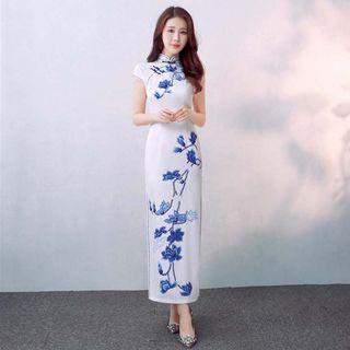 Print Cap-sleeve Maxi Qipao
