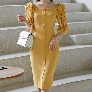 Elbow-sleeve Ruffled Buttoned Sheath Dress