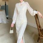 Long-sleeve Midi A-line Lace Qipao Dress
