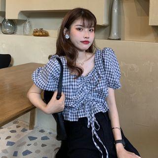 Puff-sleeve Plaid Drawstring Blouse Plaid - Black - One Size
