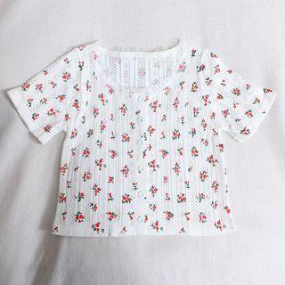 Short-sleeve Floral Print Pointelle Knit Top