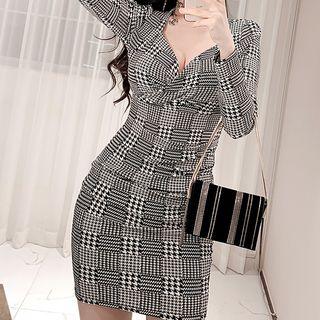 Long-sleeve Plaid Bodycon Dress