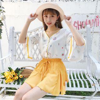 Set: Elbow-sleeve Blouse + Shorts