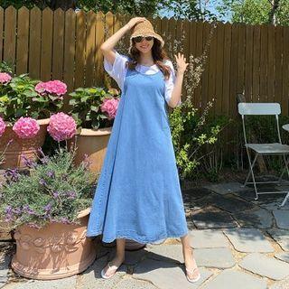 Tie-back Flared Denim Long Pinafore Dress