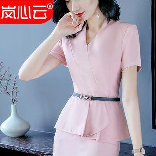 Short-sleeve Slim-fit Blazer/ Mini Pencil Skirt/ Slim Belt/ Set