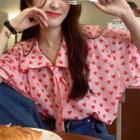 Short-sleeve Heart Print Loose-fit Blouse Pink - One Size