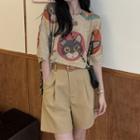 Elbow-sleeve Car Print Top / High-waist Shorts