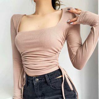 Long-sleeve Square-neck Drawstring Crop Top