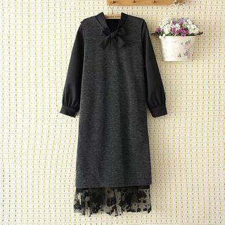 Set: Long-sleeve Lace Overlay Midi A-line Dress + V-neck Long Vest