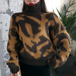 Leopard Print Turtleneck Sweater As Shown In Figure - One Size
