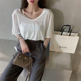 Elbow-sleeve V-neck T-shirt / Plain Sweatshorts