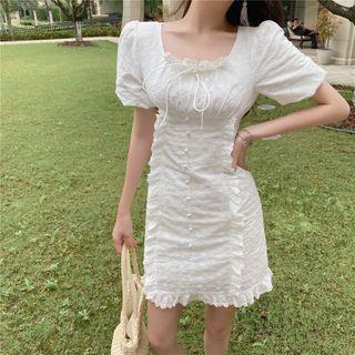Eyelet Ruffle Trim Short-sleeve Mini Sheath Dress