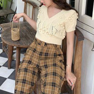 Short-sleeve Bobble Knit Top / Plaid Cropped Pants