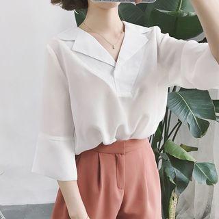 Plain Notch Lapel 3/4 Sleeve Chiffon Shirt