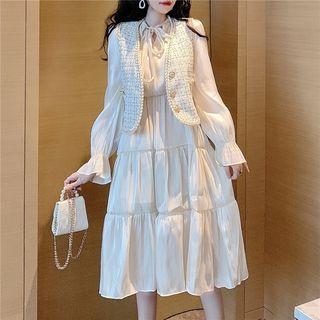 Tie-neck Tiered Midi Dress / Contrast Trim Button Vest