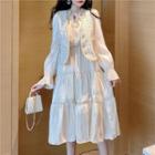 Tie-neck Tiered Midi Dress / Contrast Trim Button Vest