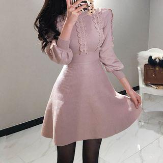Lace Trim Long-sleeve Knit A-line Dress