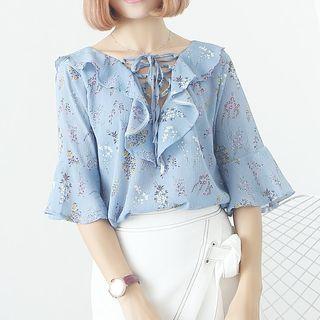Reversible Floral Print Ruffled Chiffon Blouse