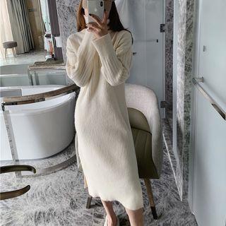 Turtleneck Rib Knit Slit Midi Dress