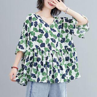 Print V-neck Short-sleeve T Shirt Green - F