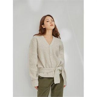 Cashmere Blend Rib-knit Cardigan With Sash Oatmeal - One Size
