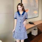 Short-sleeve Check Bow-accent Dress