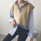 Striped Long-sleeve Shirt / Cropped V-neck Sweater Vest