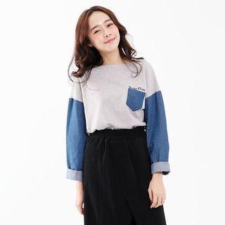 Denim Panel Embroidery Pullover