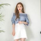 Off-shoulder Elbow-sleeve Striped Cotton Top