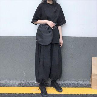 Elbow-sleeve T-shirt / Bungee Cord Wide-leg Pants