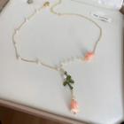 Flower Pendant Faux Pearl Alloy Choker 1pc - Pink & White & Green - One Size