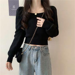Puff-sleeve Knit Top Black - One Size