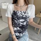 Short-sleeve Square-neck Asymmetric Cropped Top