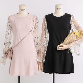 Sequined Mesh-sleeved Knit A-line Dress